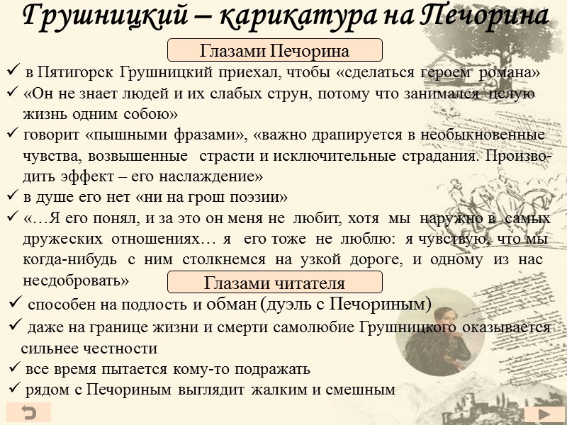 Грушницкий – карикатура на Печорина  в Пятигорск Грушницкий приехал, чтобы «сделаться героем 
